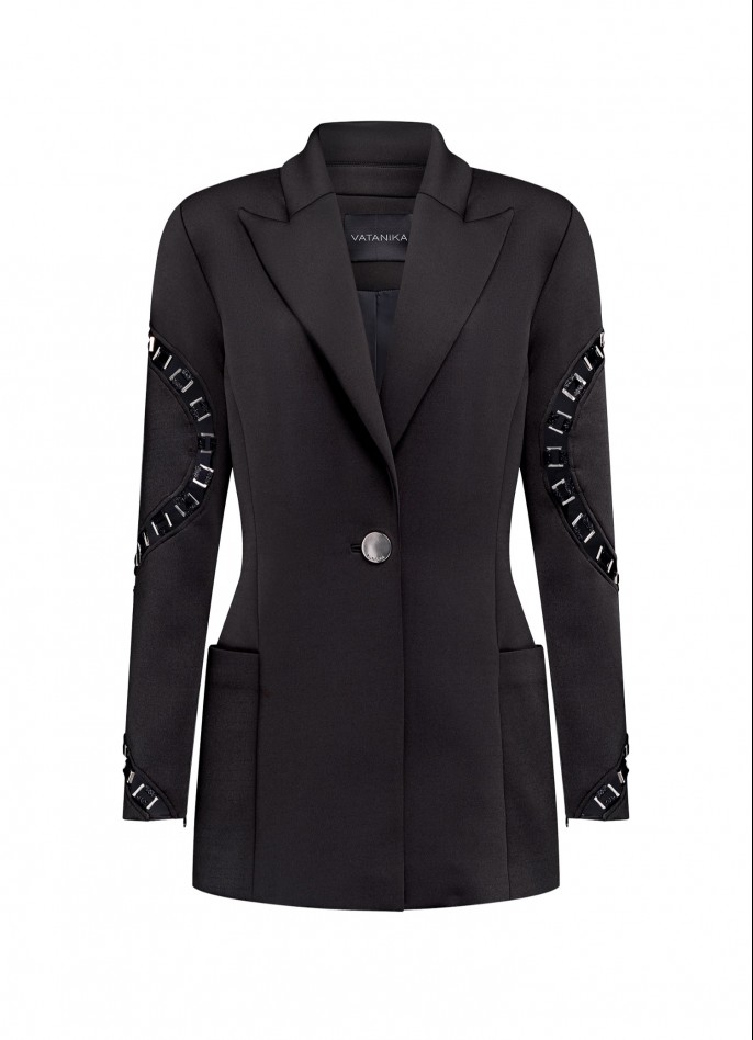 BLACK NEOPRENE CUT-OUT BLAZER